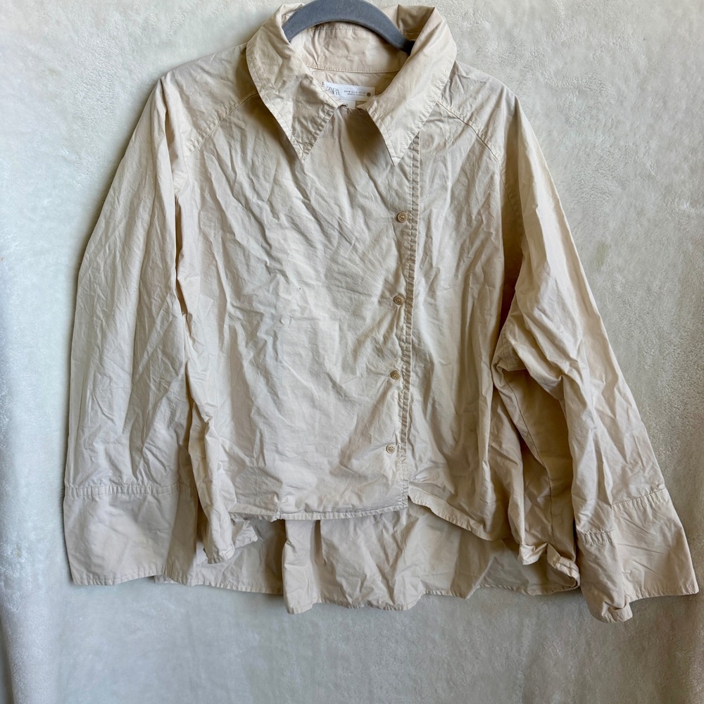 Zara Cream Cotton Double Breasted Button Up Shirt Size M High Low Hem Blouse